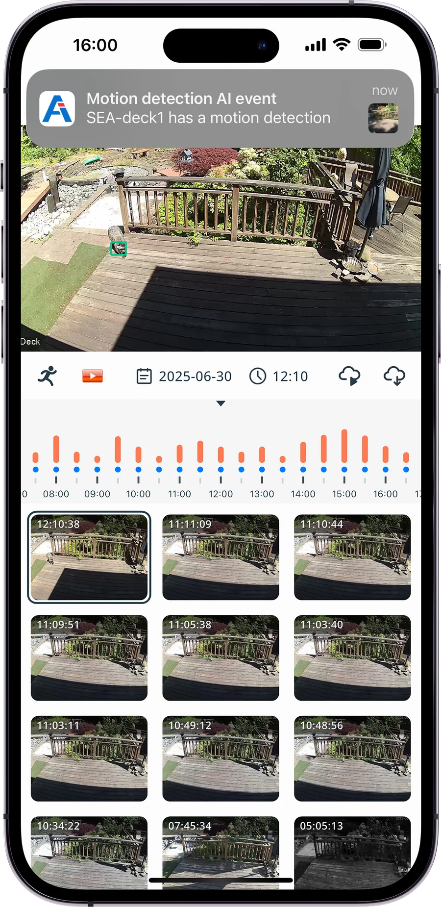 手機上的 AtomView App：移動偵測警示、當天的事件時間軸與錄影片段