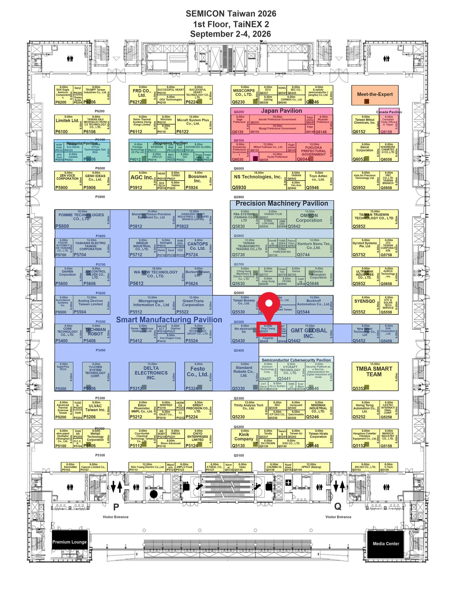 SEMICON Taiwan 2026 南港展覽館 2 館 1 樓平面圖，Q5537 攤位位於 Smart Manufacturing Pavilion 展區內