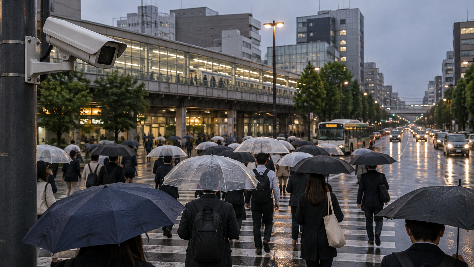 Pedestrians with umbrellas crossing a station-front intersection at dusk after rain, with a security camera mounted on a street pole